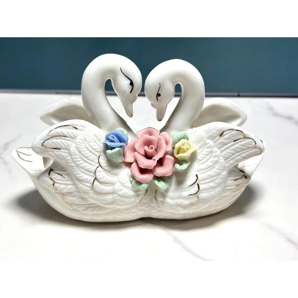 Vintage Porcelain Double Swan Planter Trinket Ring Dish Applied Roses White